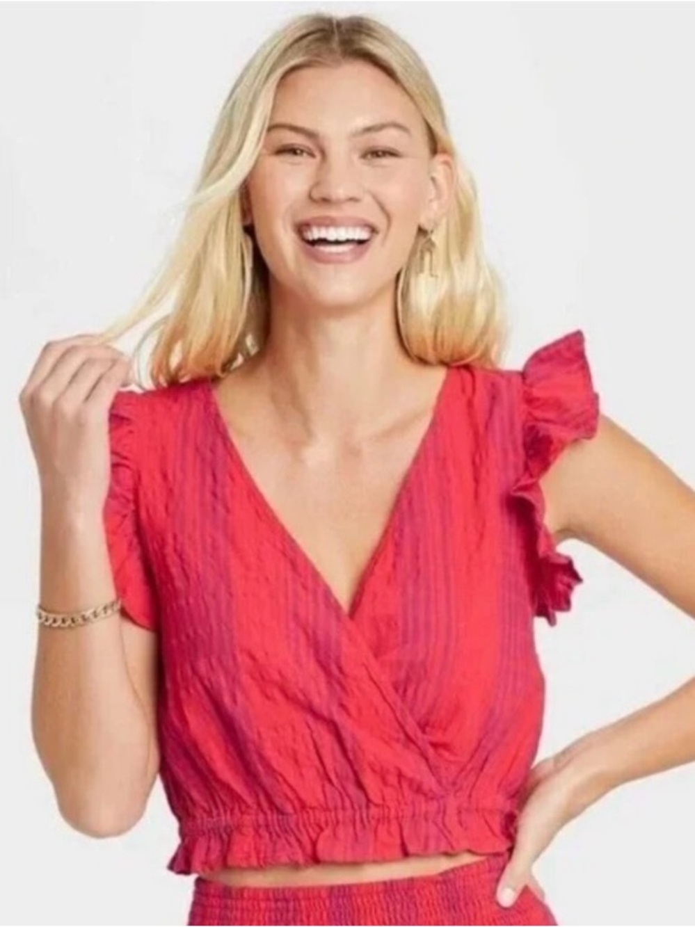 Universal Thread Pink Ruffle Sleeve V-Neck Crop Top